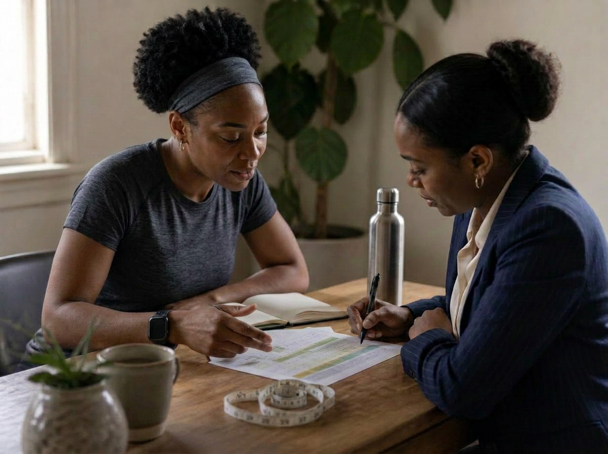A wellness coach reviewing a personalized wellness plan one-on-one with an individual client.